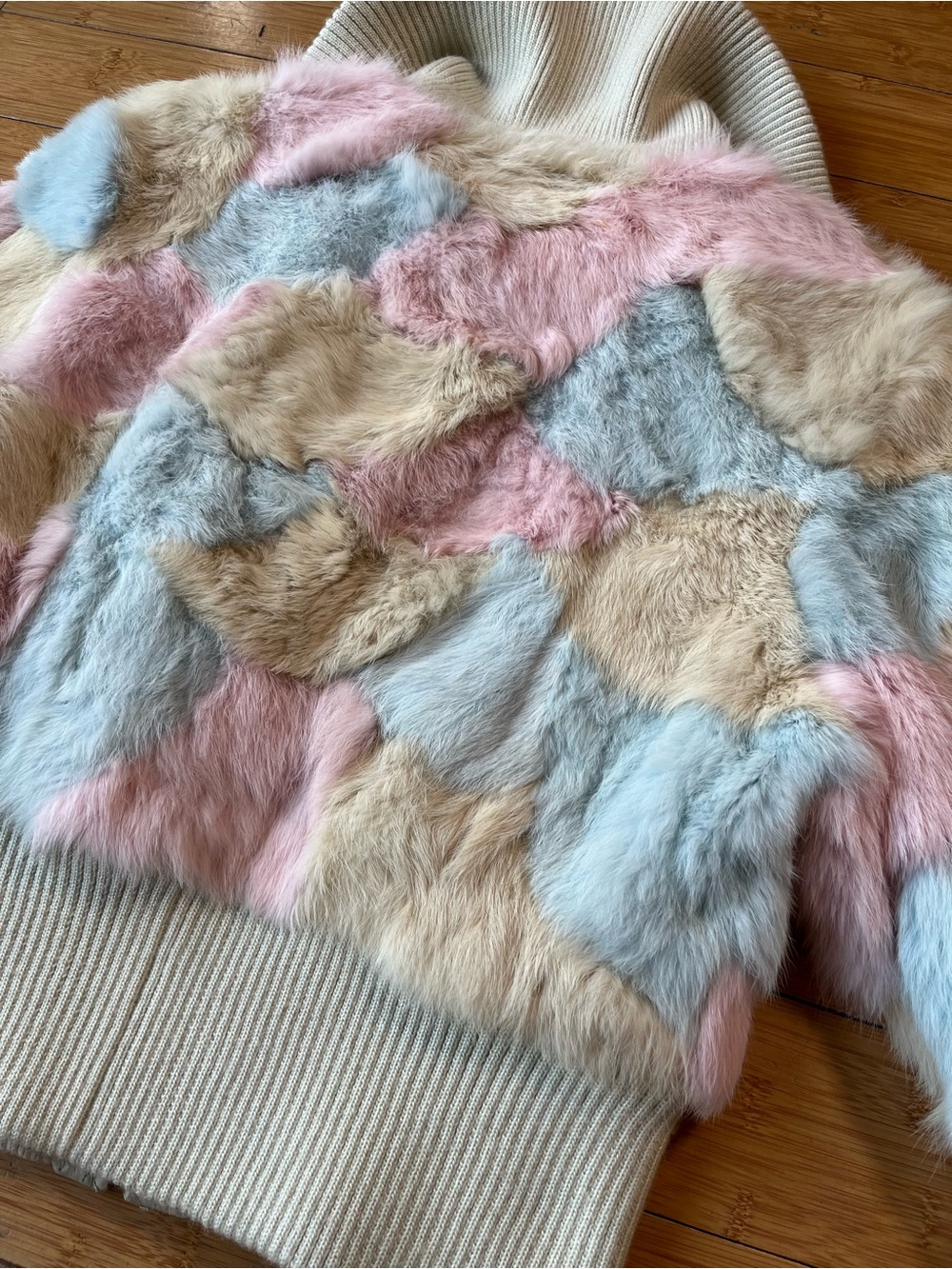 Y2K Vintage bebe Pastel Rabbit Fur Bomber Jacket - Cotton Candy Cream - Picture 12 of 12